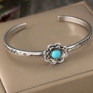 Silver Floral Bracelet with Turquoise Accent